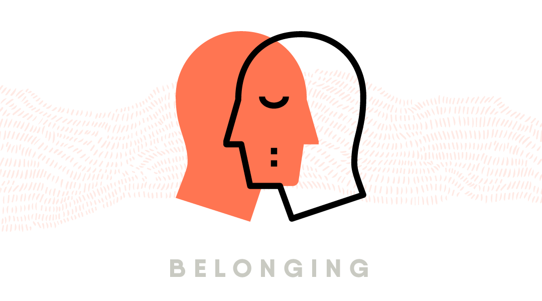 Two people embracing alongside the text “Belonging.” 