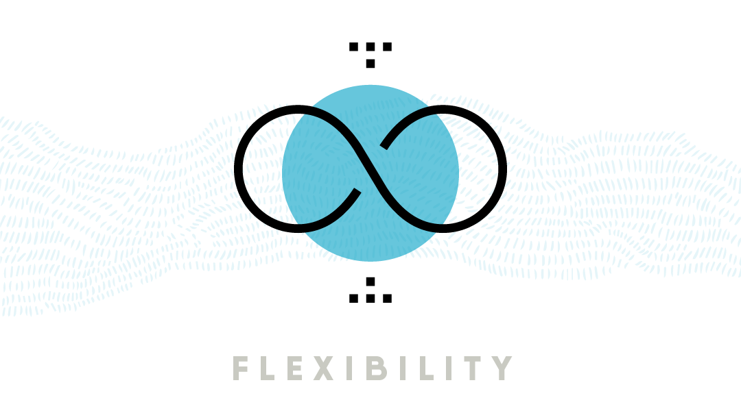 Infinity symbol alongside the text “Flexibility.”