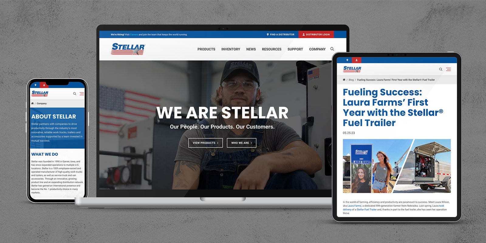 Computer, tablet and smartphone showing the Home, About and Blog pages of the new Stellar website. 