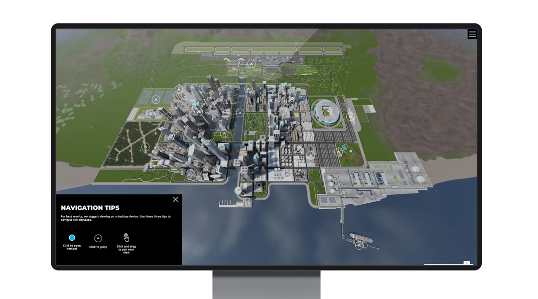 Computer screen displaying an aerial view of a city.