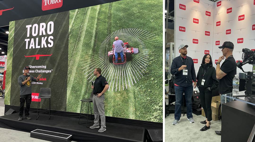 Image of two men on a stage alongside image of three people talking within a trade show booth.