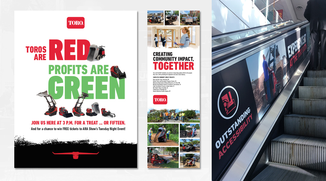 Examples of Toro escalator clings and in-booth signage.