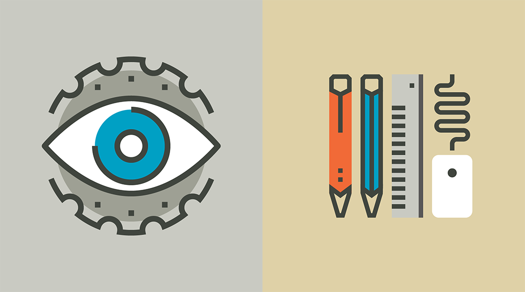 On the left side, a blue eye and on the right side, two pencils and a ruler.
