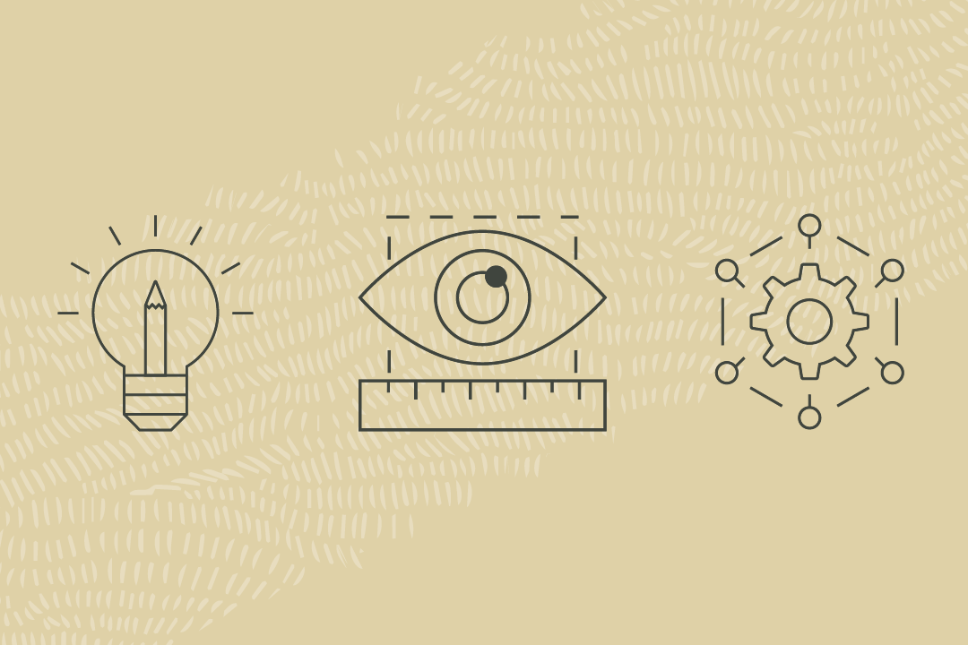 Line drawings of a lightbulb, eye being measured with a ruler and a mechanical gear.