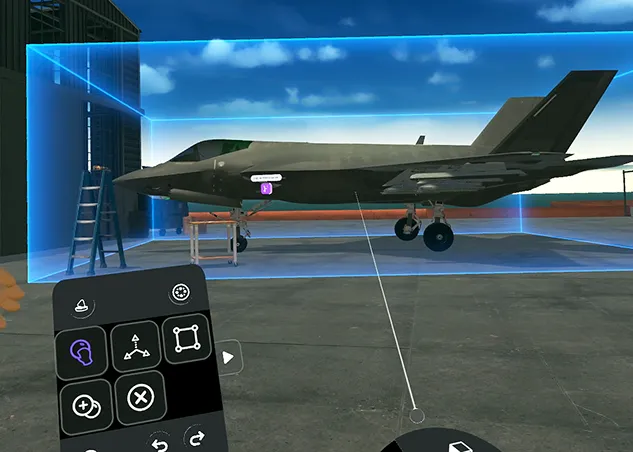 Screenshot of a StellarX user in create mode pointing at a military airplane.
