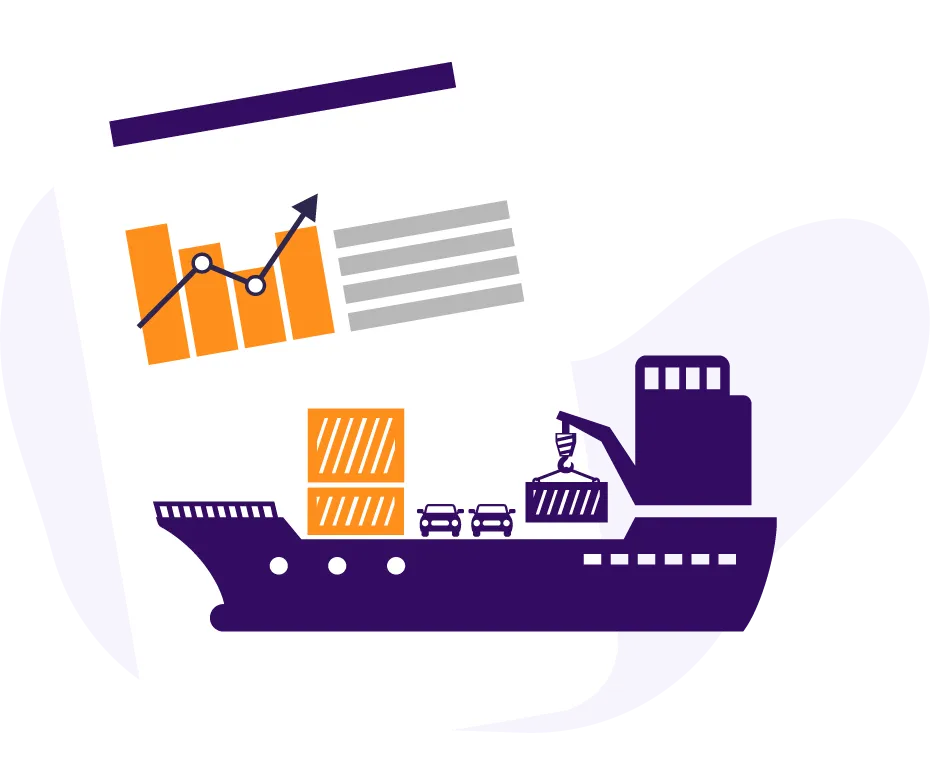 Ilustração de navio com carga. E documentos ao fundo.