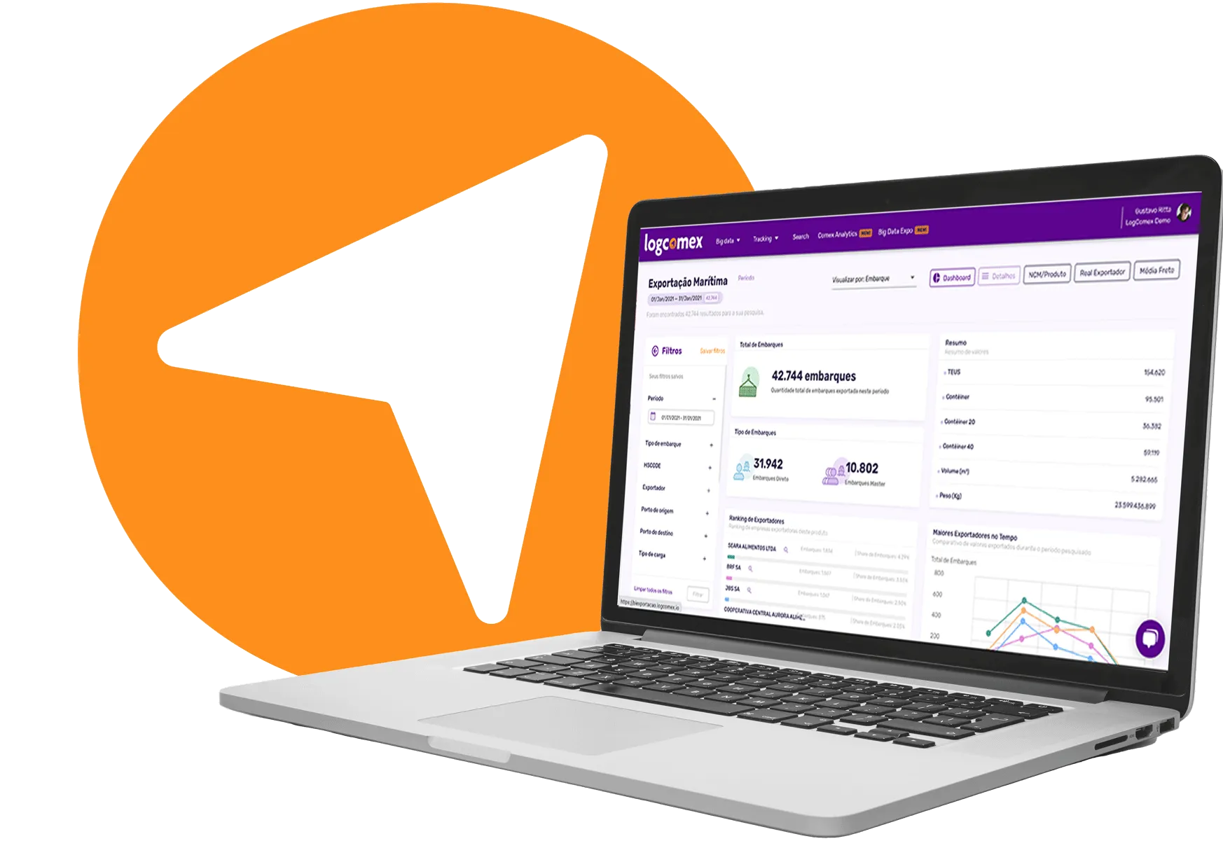 Computador com logotipo da logcomex ao fundo. Na tela se vê a imagem da plataforma Logcomex