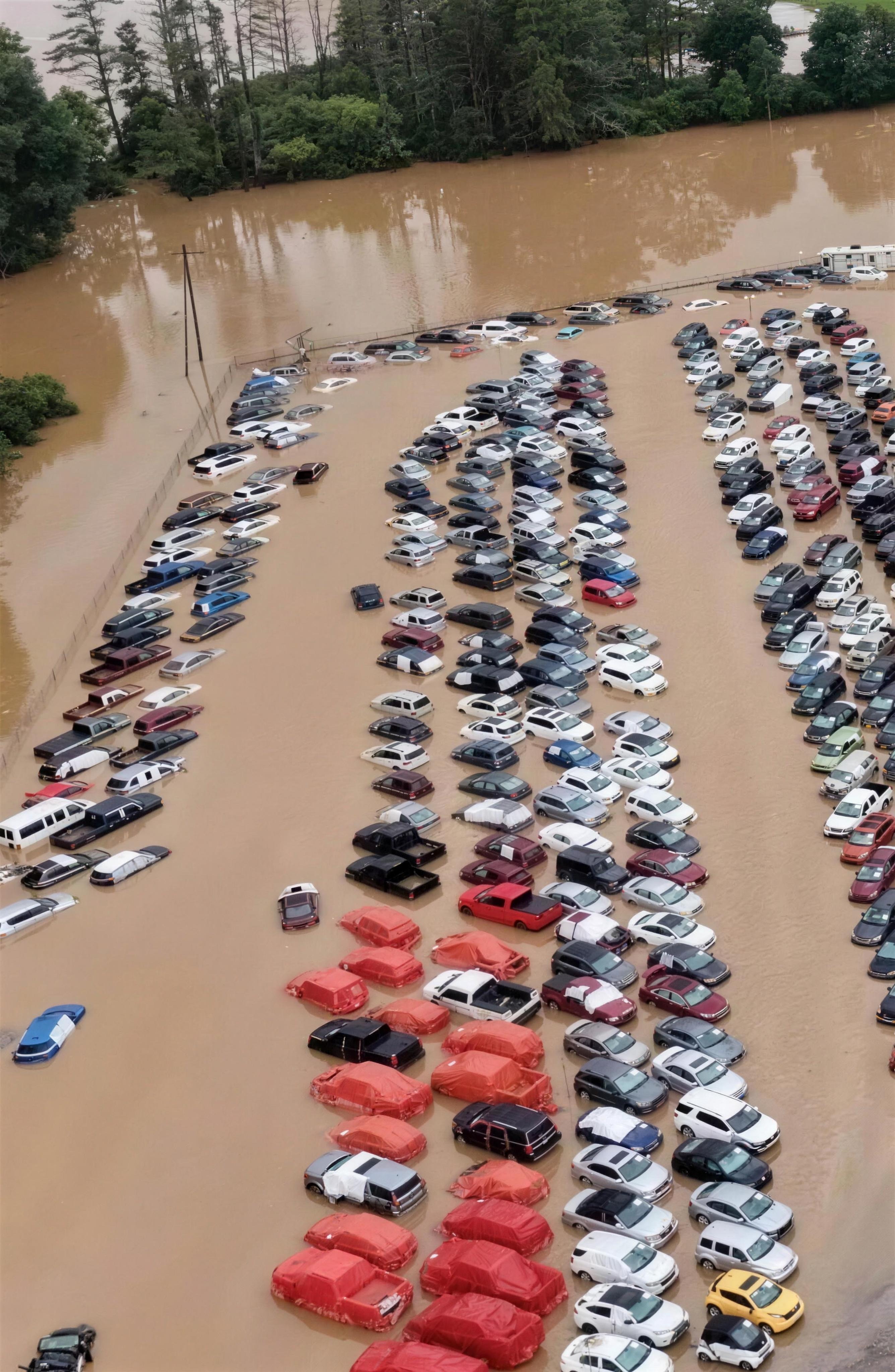 Aerial view of vehicles damaged by West Virginia flooding