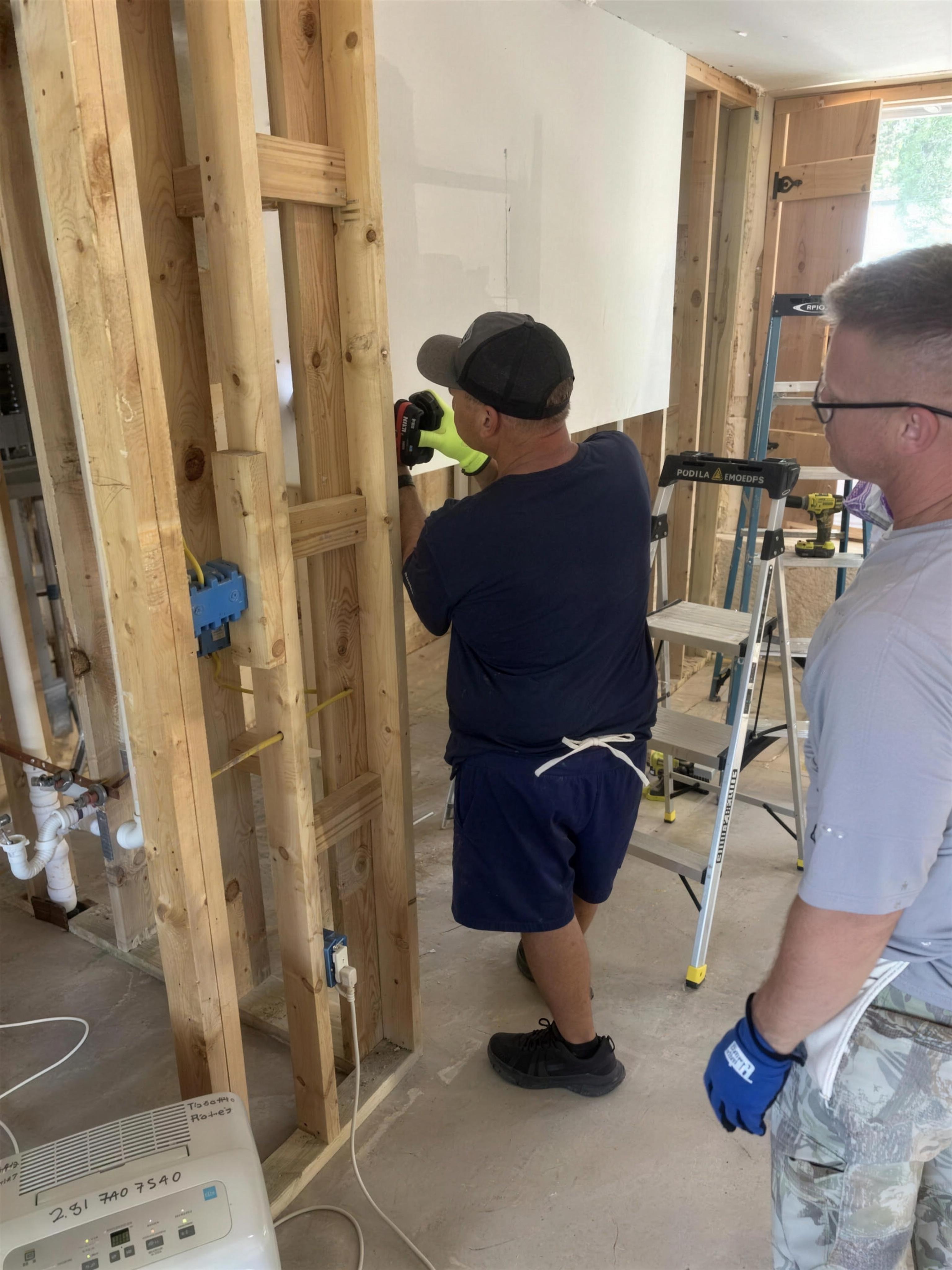 Volunteer using a drill on interior framing