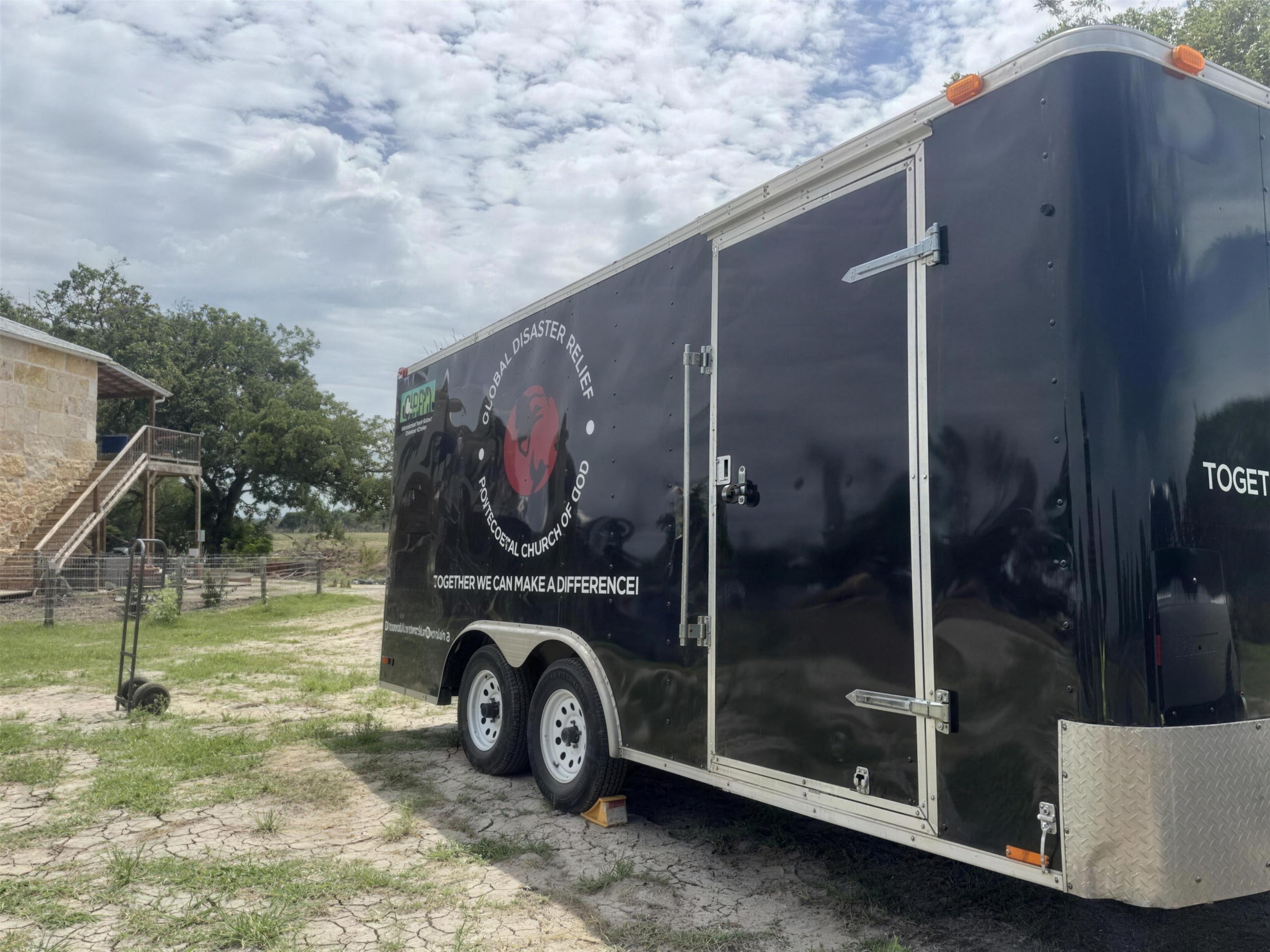 PCG Global Disaster Relief trailer on site in the Texas Hill Country