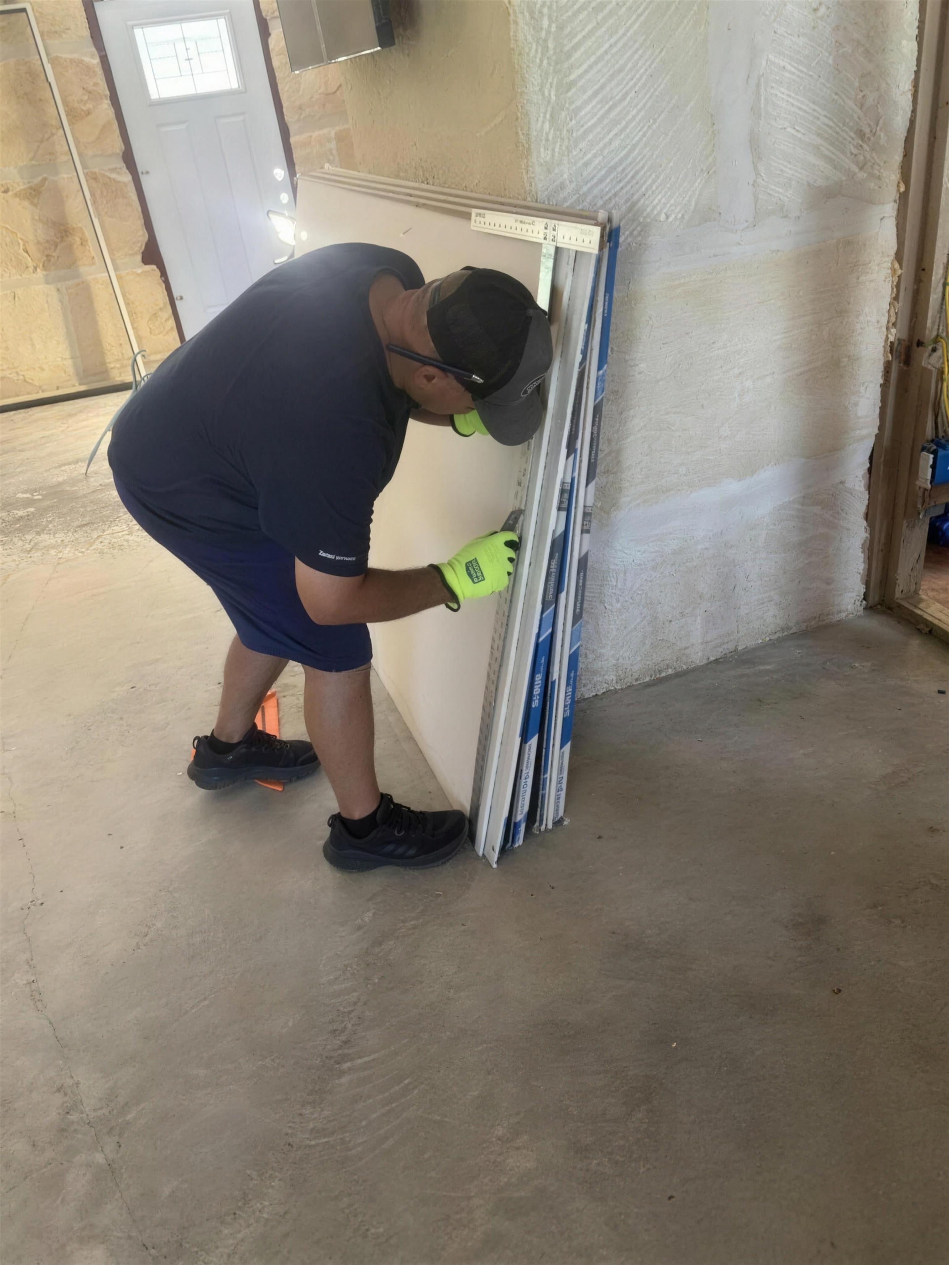 Volunteer carrying a door during interior demolition