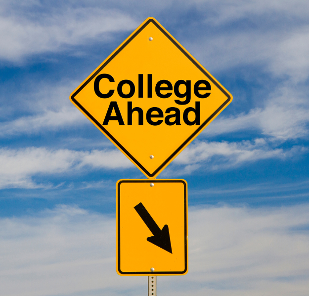 A sign that reads, "college ahead."
