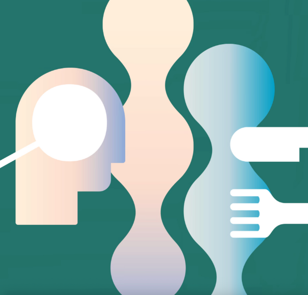 Abstract illustration of human figure and a fork and knife.