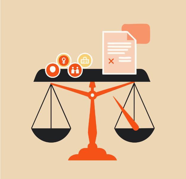 An illustrated scale with policy related icons on either side