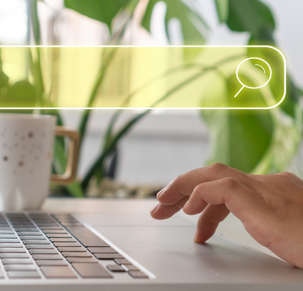 An image of someone typing on a laptop with an illustrated search bar.
