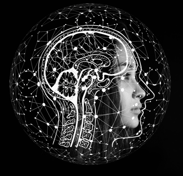 A woman's face profile with an illustrated graphic of a brain drawn on top.