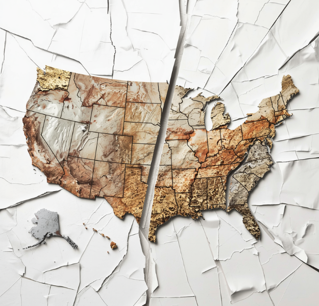 A cracked map of the United States.