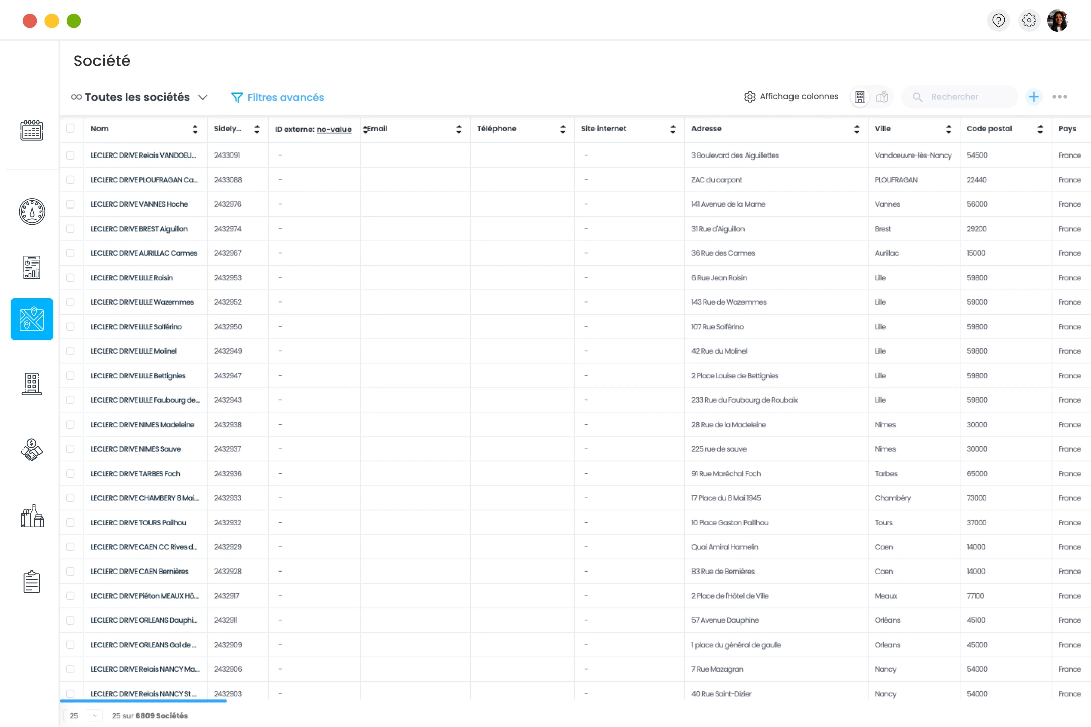 vue liste du CRM Sidely