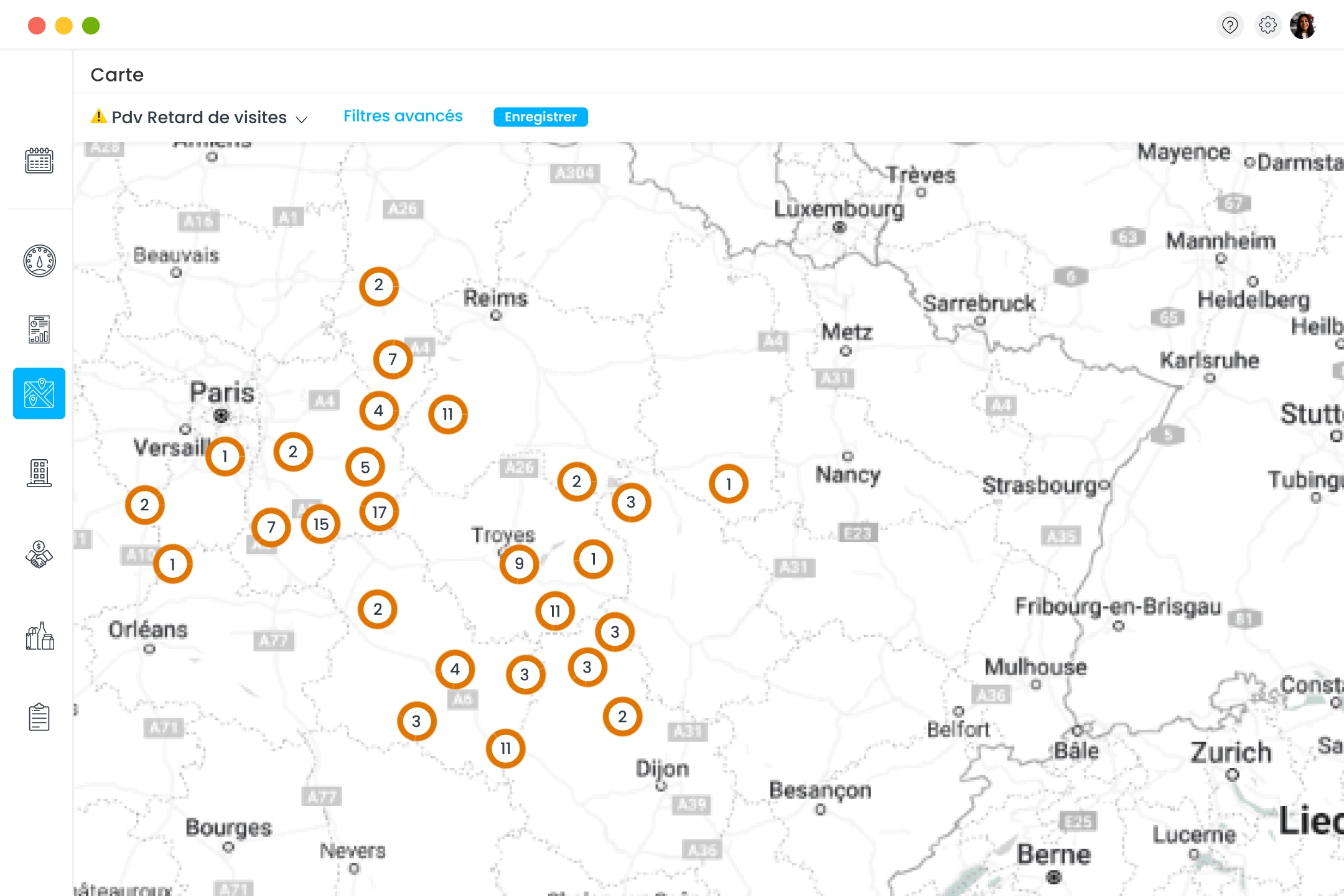 Exemple d’une vue cartographique des points de vente avec un retard de visite