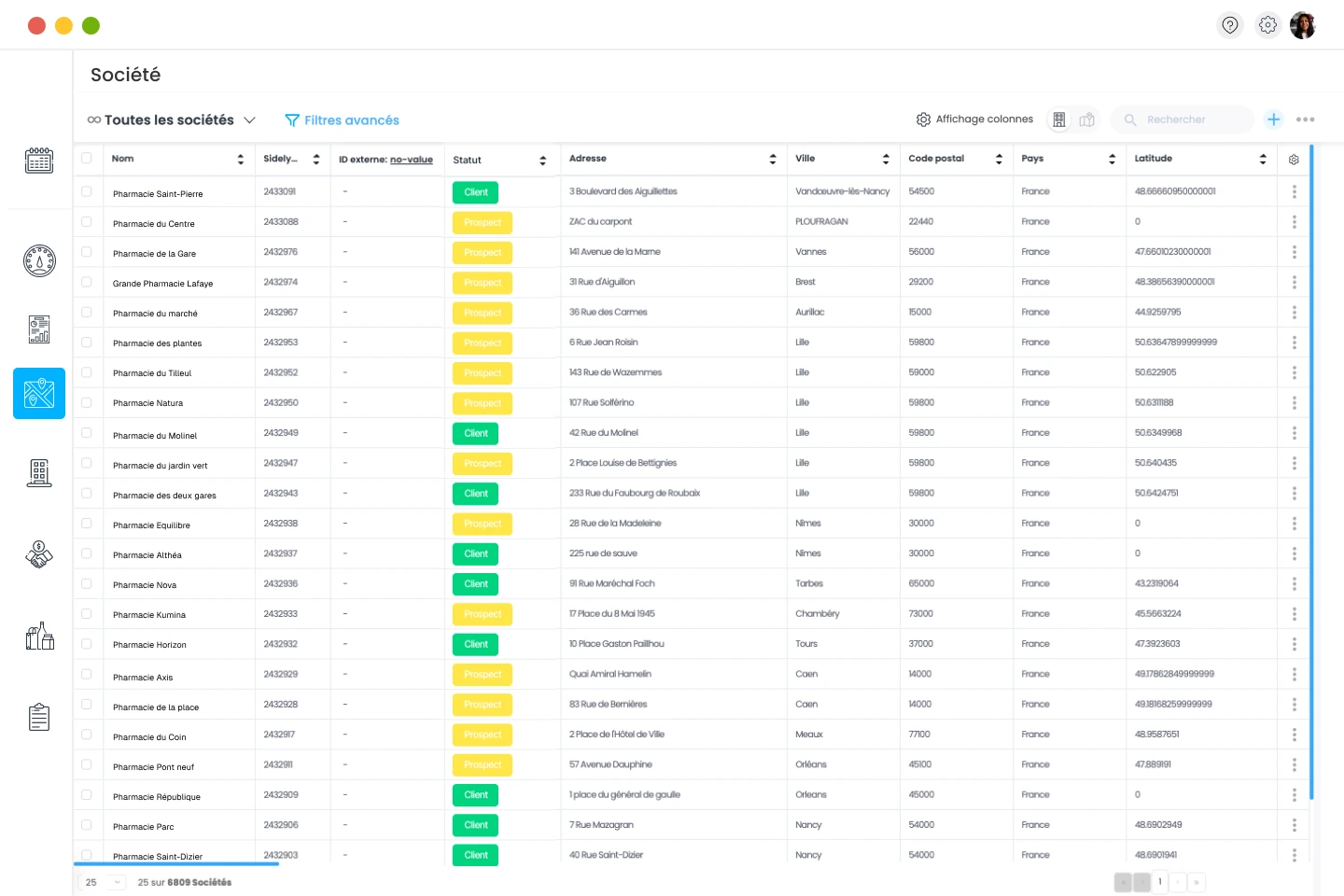 Exemple de vue liste dans le crm Sidely