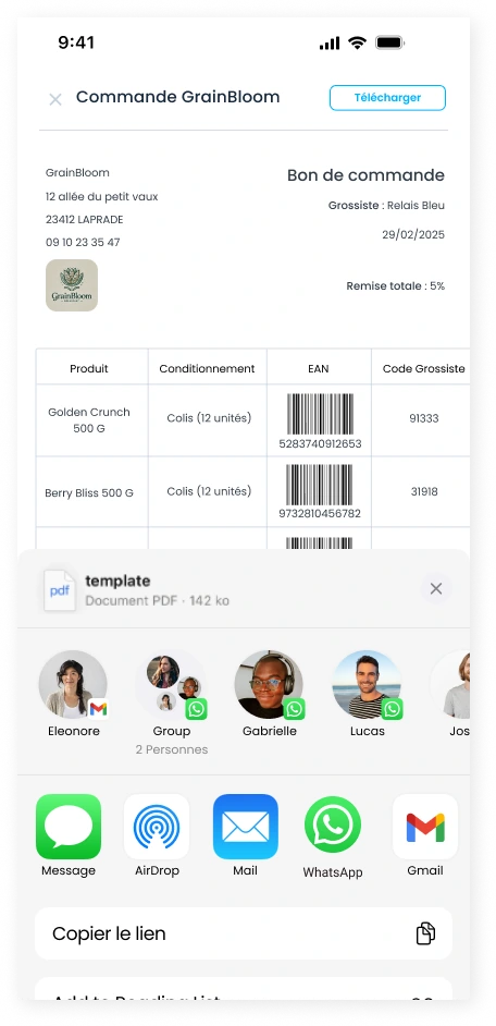 exemple de partage de documents commerciaux depuis l'application crm mobile