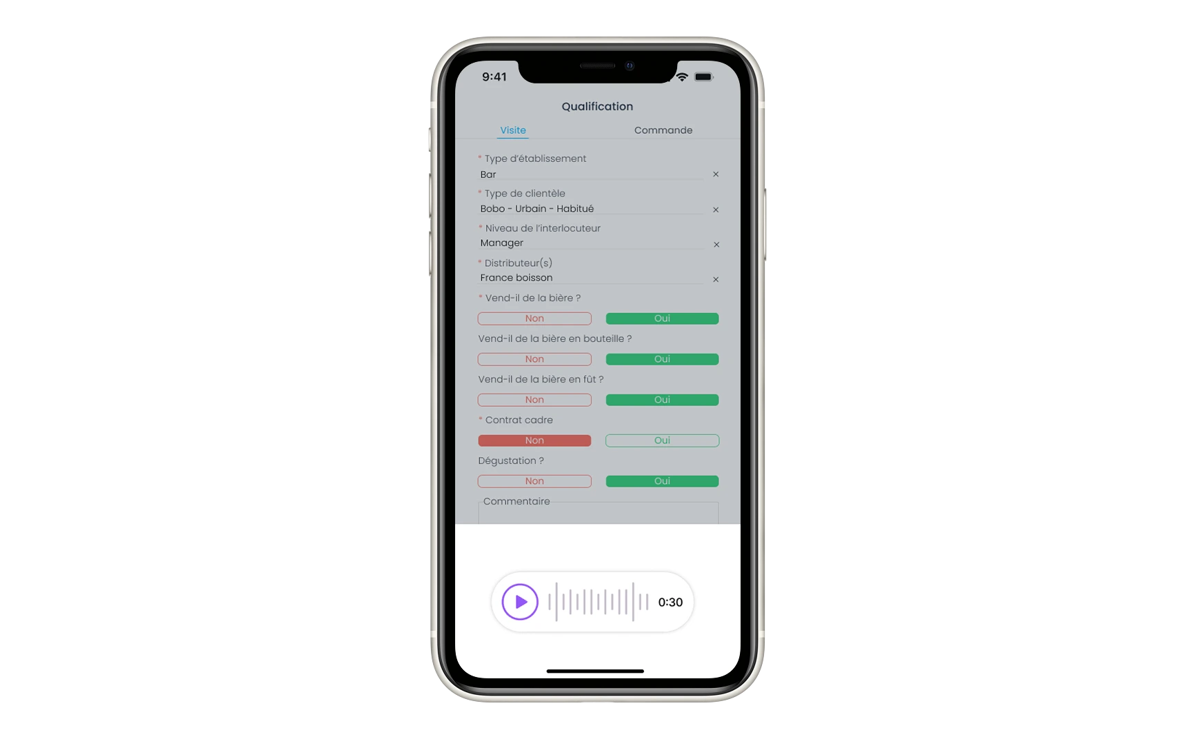 Exemple de prise de note vocale durant la visite avec le crm sidely