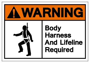 Warning Sign that says Body Harness and Lifeline Required.