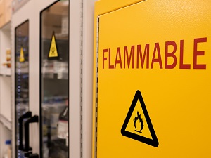 Flammable hazards safety cabinet inside a lab.