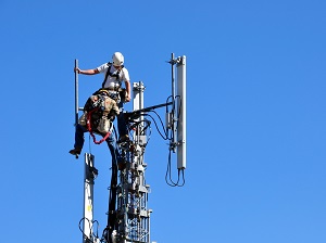 Two tower climbers working on a cell tower.