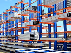 Outdoor racking with materials stacked neatly.