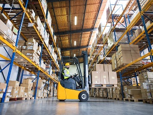 Forklift operator in warehouse.