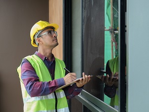 A safety manager wearing PPE is conducting an inspection.