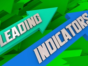 A green and blue graphic with arrows point up that says Leading Indicators.