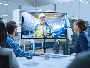 Management team talking with an industrial worker via teleconference.