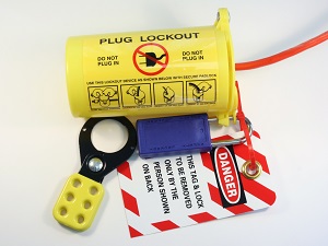 A plug lockout device with a danger tag and lock.