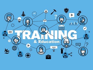 A blue graphic that says training and education.