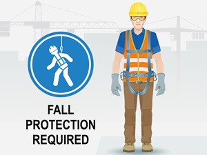 Graphic of a worker wearing a body harness and PPE.