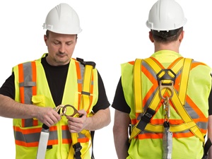 Two images: A worker inspecting a harness and a worker wearing a harness.