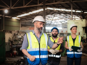 The safety manager talking to workers in a warehouse. 