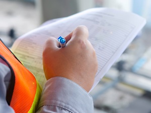 A supervisor filling out a checklist during an inspection.