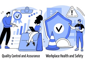 Two graphics, one represents Quality Control and Assurance, and the other represents Workplace Health and Safety.