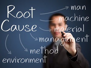 Person writing on a transparent board with the words 'Root Cause' and various related terms like man, machine, material, management, method, and environment.