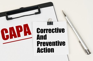 Clipboard with a document titled 'Corrective and Preventive Action' (CAPA) and a pen, indicating the process of documenting and planning corrective measures.