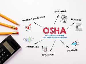 The word “OSHA” in red with “Occupational Safety and Health Administration” beneath, surrounded by hand-drawn arrows pointing to related topics like standards, training, outreach, education, assistance, and working conditions.