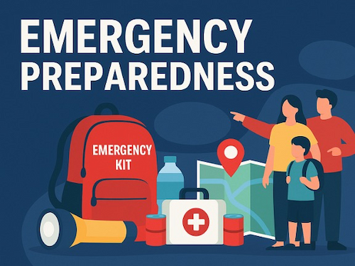 Illustration of a family with an emergency kit, including a red backpack, flashlight, water, first aid kit, and map, with the title “Emergency Preparedness.”