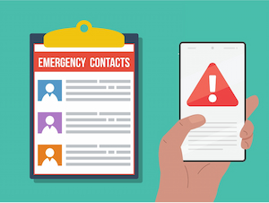 Illustration of an emergency contacts list on a clipboard next to a smartphone displaying a warning alert symbol.