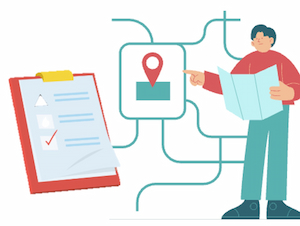 Illustration of a person holding a map and pointing to a location marker, with a clipboard checklist in the foreground symbolizing planning ahead.