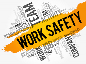 A yellow and gray graphic design featuring the words “Work Safety” surrounded by related terms like job, team, company, and protect.