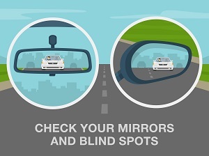 A graphic with a rearview mirror and a side mirror that says, "Check your mirrors and blind spots."