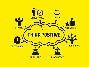 A bright yellow graphic with black icons that says, "Think Positive".